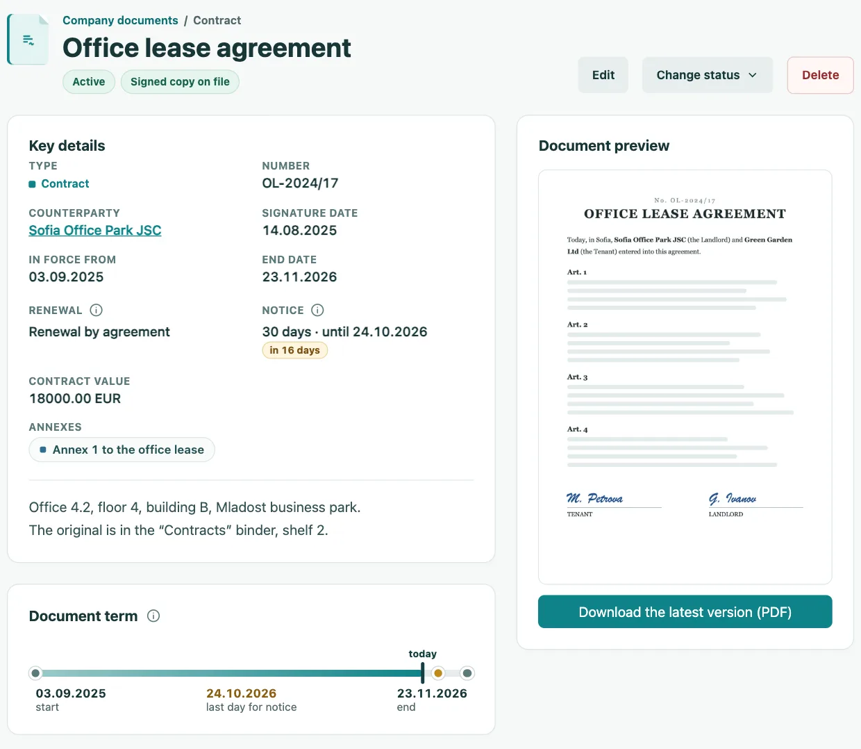 An office lease page: key details, the term with the notice day and a preview of the signed copy