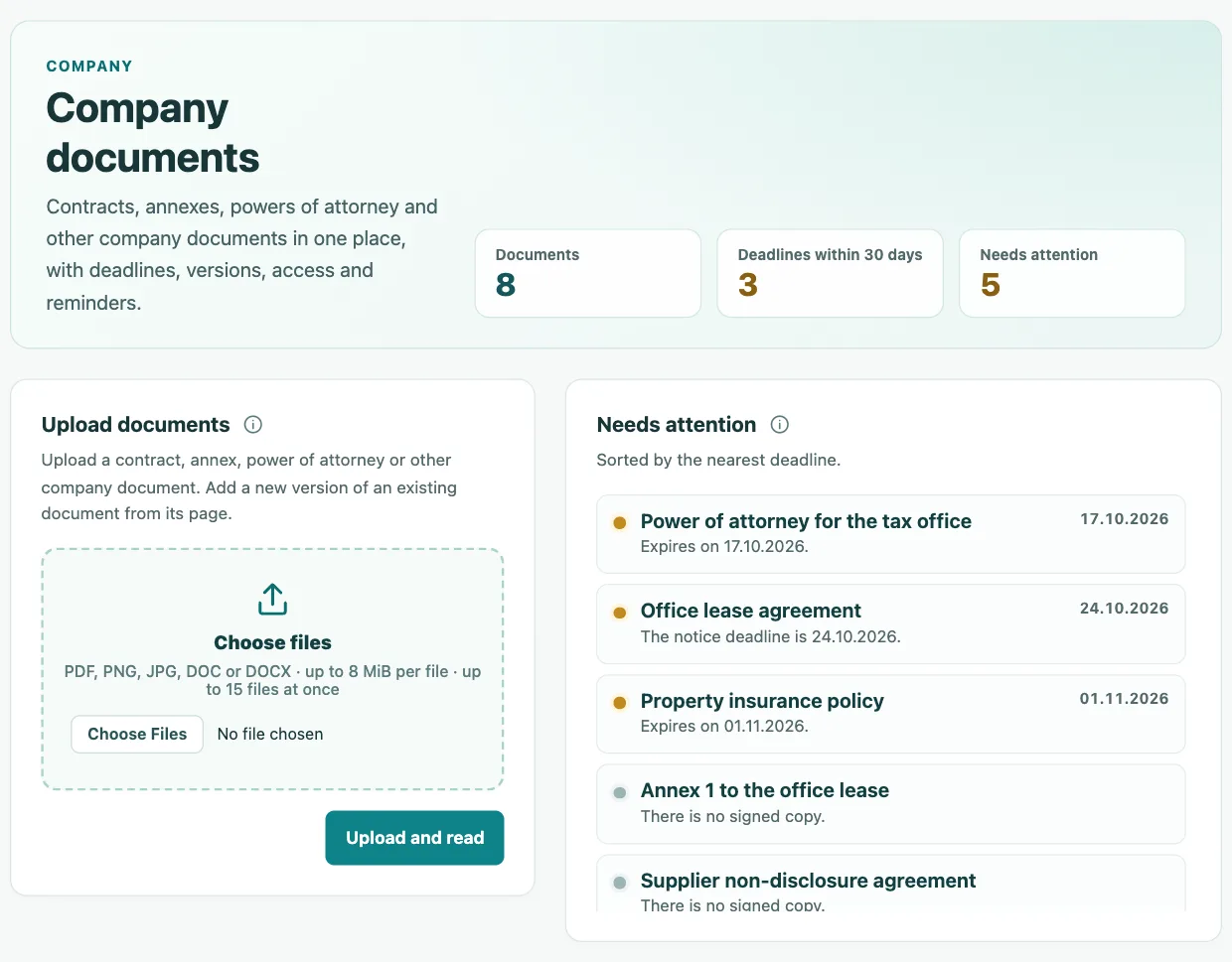 The company document library: deadline counters, upload and the “Needs attention” list