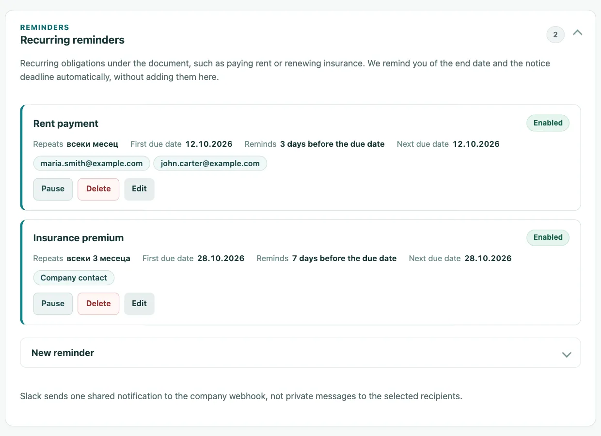 Recurring reminders for rent and an insurance premium with chosen recipients